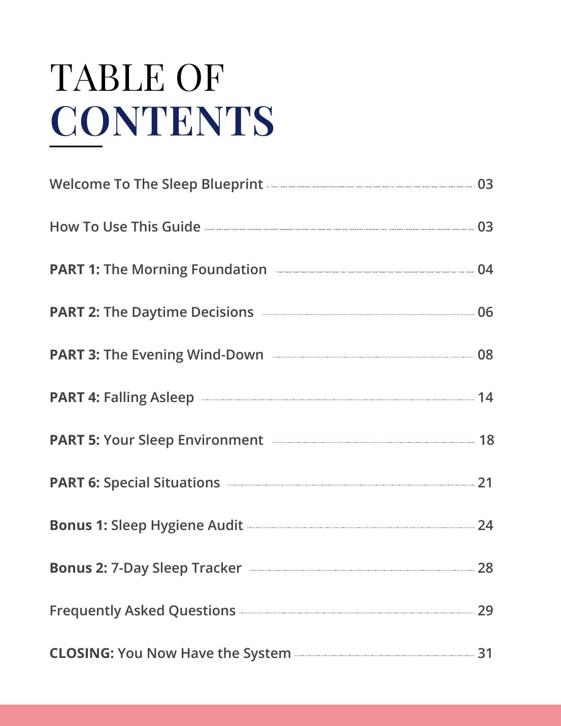 The Sleep Blueprint table of contents