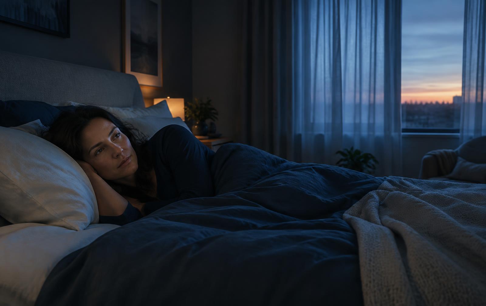 A woman lying awake as early morning light reaches her bedroom